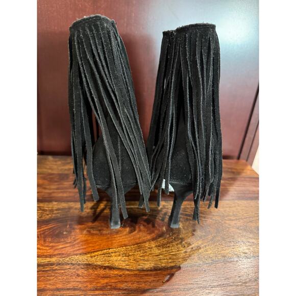 Black Suede Fringe Pointed Toe Heeled Boots Western Boho Indie Glam W Sz 7 - Picture 4 of 7